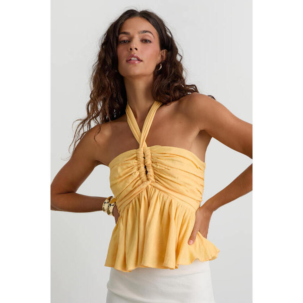 Lulu's Yellow Halter Ruched Peplum Tank Top